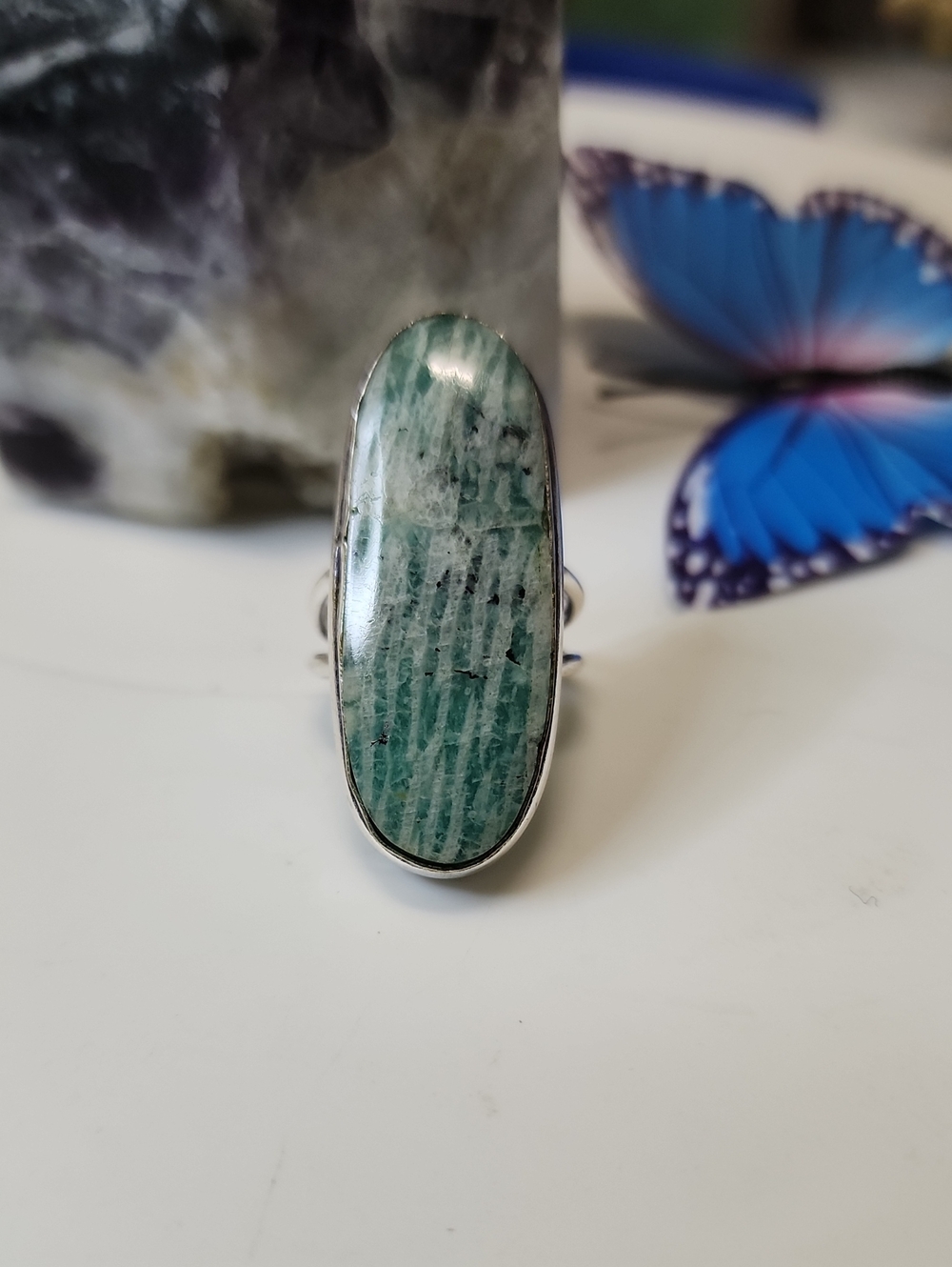 Silver Ring with Green Amazonite Oval Stone - Women Jewelry